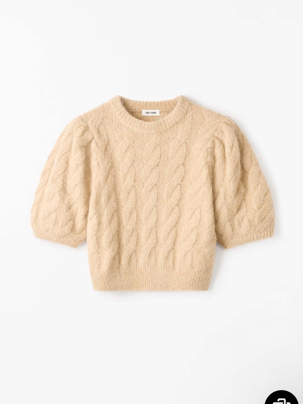 Beige Cable-Knit Puff Sleeve Crewneck Sweater
